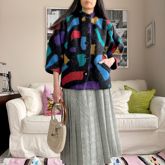 Colourblock colourful wool mohair blend chunky knit thick cardigan - Picture 1 of 15